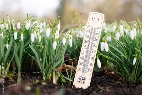 Fototapeta Thermometer with snowdrop flowers on a meadow, sunny day in winter, measure the temperature, weather forecast, spring arrival