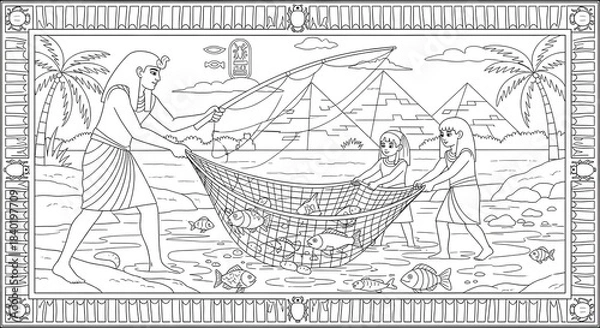 Fototapeta Historical illustration: Ancient Egyptians net fishing by the Nile, pyramids in the background