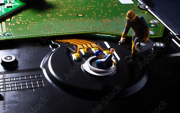 Obraz Data maintenance operations, miniature technical service in hard drive miniature workers repairing a damaged hard drive data system