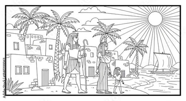 Fototapeta Historical Ancient Egypt: Figures walk by the river in a sunny landscape line art for coloring.
