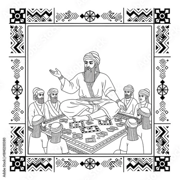 Fototapeta Ancient Sage Imparting Wisdom to Disciples in a Traditional Cultural Setting Illustration