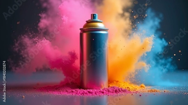 Fototapeta Close-up of a metallic spray paint can standing upright on a smooth surface surrounded by a dynamic explosion of colorful powder clouds.