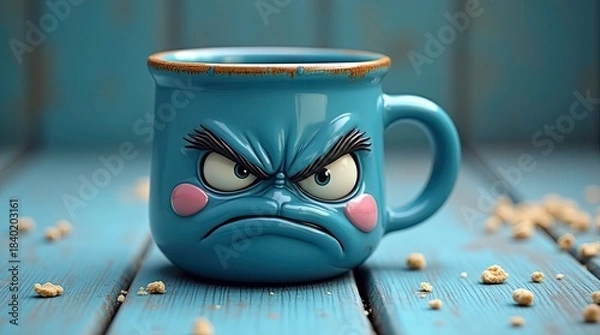 Fototapeta A blue ceramic mug with an expressive angry cartoon face has sculpted features: furrowed eyebrows, big round eyes with detailed reflections, flushed pink cheeks, and a deep frowning mouth.