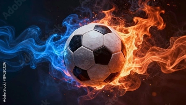 Fototapeta Vibrant soccer ball centered in a swirl of red and blue smoke, creating a dynamic and energetic atmosphere.