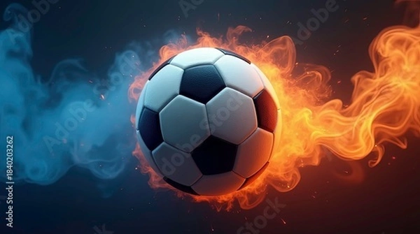 Fototapeta Vibrant soccer ball centered in a swirl of red and blue smoke, creating a dynamic and energetic atmosphere.
