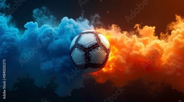 Fototapeta Vibrant soccer ball centered in a swirl of red and blue smoke, creating a dynamic and energetic atmosphere.