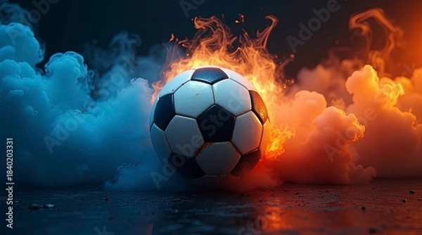 Fototapeta Vibrant soccer ball centered in a swirl of red and blue smoke, creating a dynamic and energetic atmosphere.