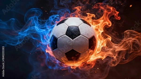 Fototapeta Vibrant soccer ball centered in a swirl of red and blue smoke, creating a dynamic and energetic atmosphere.
