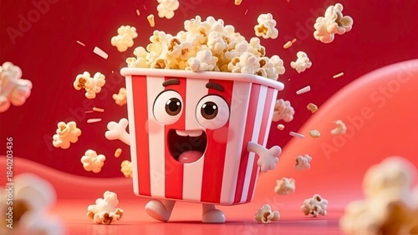 Fototapeta Cute animated popcorn character inside a classic red and white striped popcorn bucket with big expressive cartoon eyes and a wide open excited mouth.