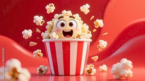 Fototapeta Cute animated popcorn character inside a classic red and white striped popcorn bucket with big expressive cartoon eyes and a wide open excited mouth.