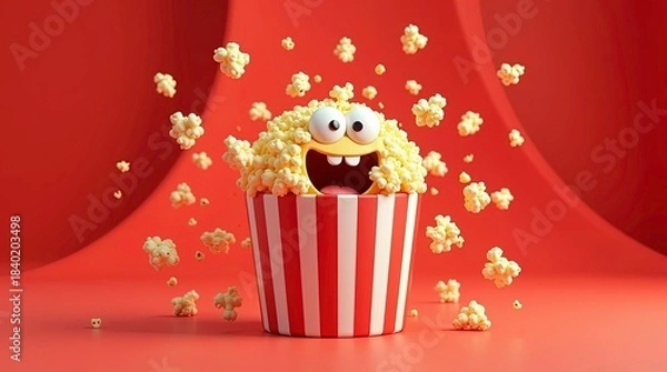Fototapeta Cute animated popcorn character inside a classic red and white striped popcorn bucket with big expressive cartoon eyes and a wide open excited mouth.