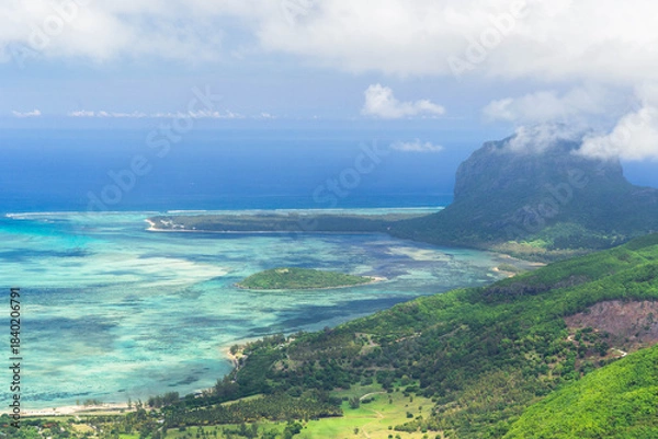 Obraz Aerial view of lagoon, coral reefs and the iconic Le Morne Brabant mountain on the southwest coast of Mauritius, Indian Ocean