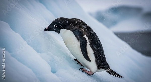 Fototapeta Adélie penguin carefully navigating a steep icy slope in a harsh cold Antarctic environment during a light snowfall