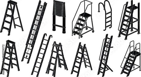 Obraz Industrial ladder silhouettes collection illustration, step ladders extension ladders rolling platforms and safety climbing equipment set, cad drawing flat vector illustration