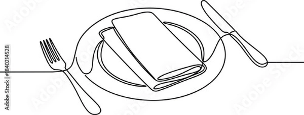 Obraz Minimalist single line table setting illustration, elegant dinner plate with napkin, fork and knife art, cad drawing flat vector illustration