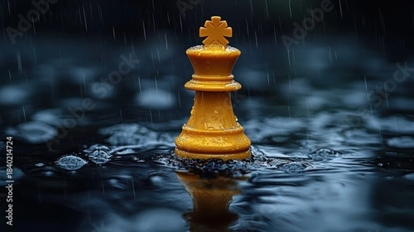 Obraz Yellow king chess piece in rain-filled puddle