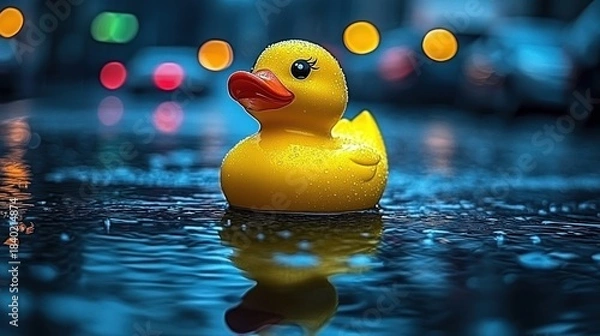 Fototapeta Yellow rubber duck in puddle at night