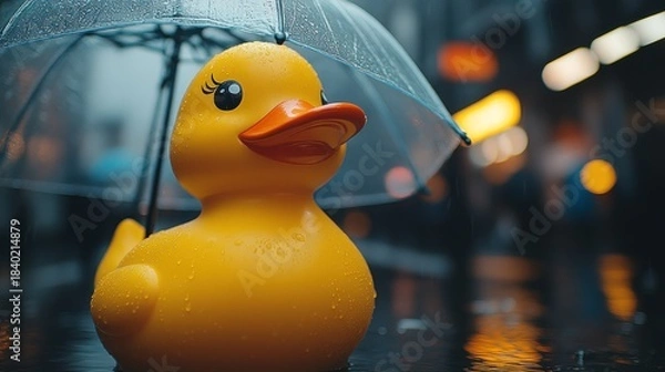 Fototapeta Yellow rubber duck under a clear umbrella in the rain. City street