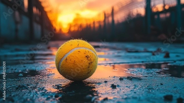 Fototapeta Yellow tennis ball in puddle, sunset backdrop