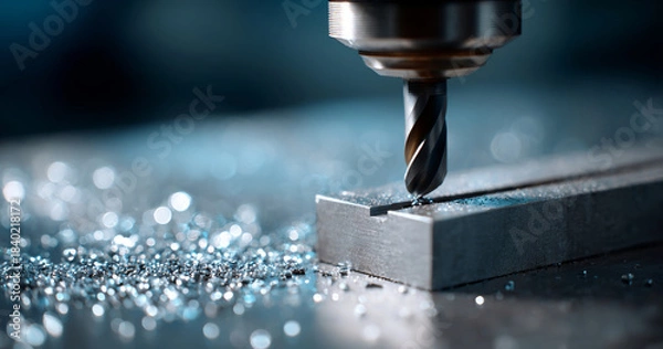 Fototapeta Close-up of a metal milling machine cutting a rectangular metal block with metal shavings scattered around on a blurred industrial background