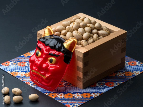 Obraz 赤鬼のお面と節分の豆まきのイメージ
