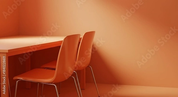 Fototapeta Orange chairs and table in a minimalist setting.