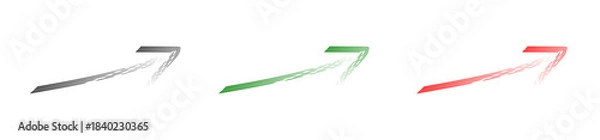 Fototapeta A set of three hand-drawn brush stroke arrows pointing right. Colorful sketch arrow graphics red, green, and black isolated on a transparent background for infographics and design. PNG