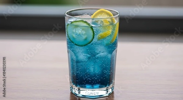 Fototapeta Refreshing Blue Cocktail with Lemon and Cucumber Slices.
