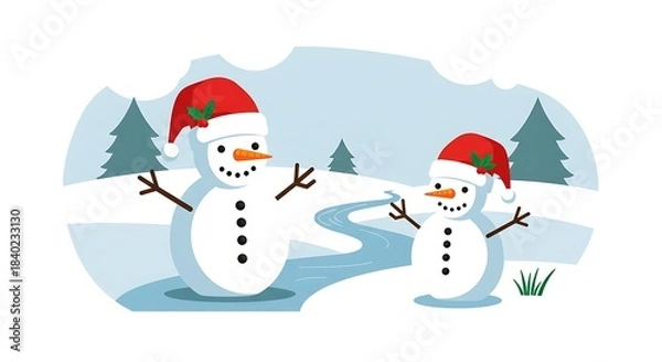 Fototapeta Two cheerful snowmen with Santa hats in a snowy winter landscape with trees and a frozen river.