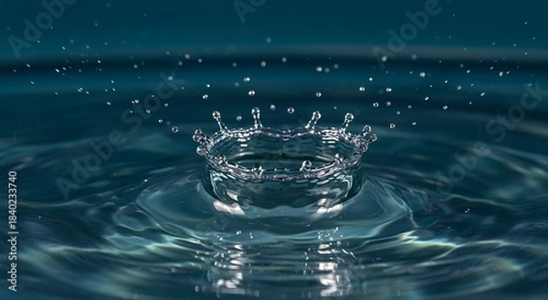 Fototapeta Water droplet impact creating a crown splash in clear liquid.