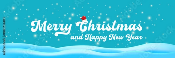 Obraz Merry Christmas and Happy New Year banner design template with snow background and greeting text . Cartoon Happy Holidays day poster, wide banner, card, background, banner, label png with quote