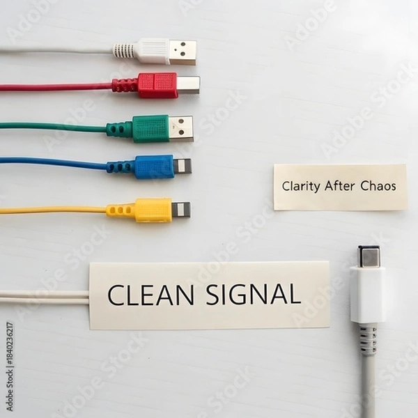 Fototapeta Organized USB Cables Displaying Clean Signal on White Surface
