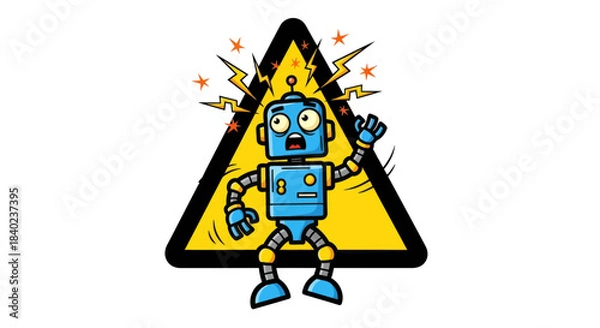 Obraz Shocked Robot Facing Electrical Hazard Inside the Warning Triangle Alert