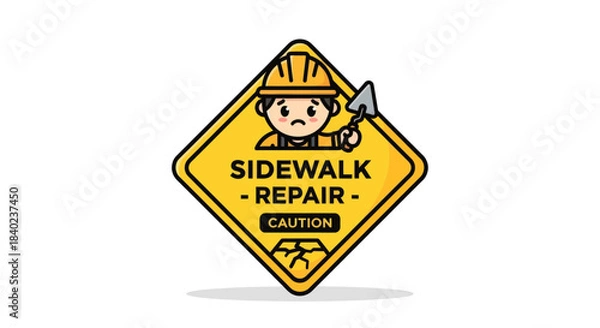Obraz Sidewalk Repair Ahead Sign With Cartoon Constructor In Safety Gear For Public Safety