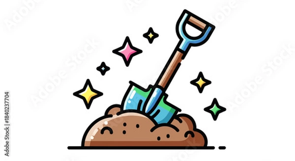 Obraz Sparkling Shovel Amidst Soil Depicting Gardening and Cultivation with Colorful Elements
