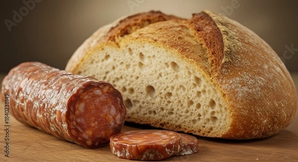 Obraz Sourdough Bread and Chorizo - A Rustic Culinary Pairing.