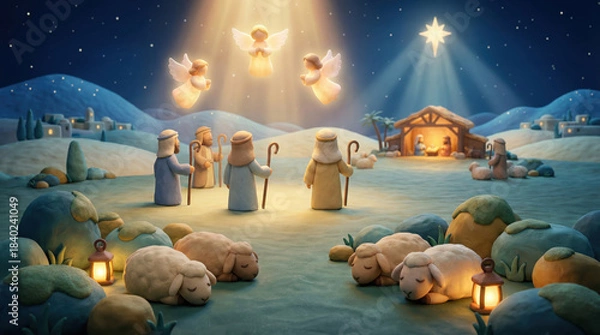 Fototapeta Nativity scene with angels, shepherds, and the star of Bethlehem