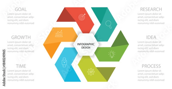 Fototapeta 6 steps business infographic with hexzagon icon for the presentation. Can be used for process, presentations, layout, banner, infographic. vector illustration in flat style modern design. 
