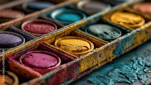 Obraz Close-up of a well-used watercolor paint set with various vibrant colors.