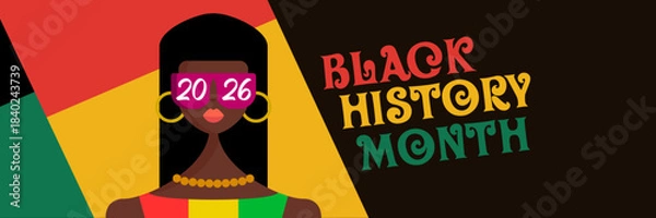 Obraz Black history month 2026 horizontal banner with afro American woman face isolated on abstract geometric background. Black history month poster, flyer, background with african girl with sunglasses