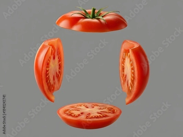 Obraz Vibrant Red Tomato Slices Floating in a Circular Pattern, Showing Detailed Texture and Seeds on a Grey Background