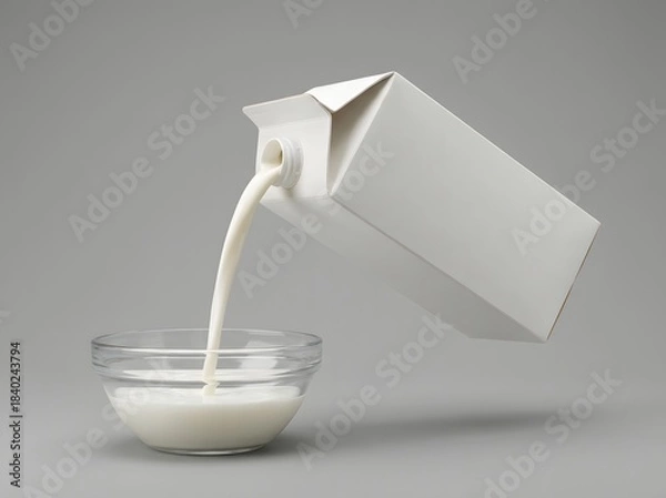 Obraz Seamless Stream of Fresh White Milk Pouring from a Generic Cardboard Carton into a Clear Glass Bowl