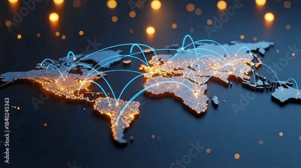 Fototapeta Digital World Map Network showing Global Business Connections, Internet Telecommunication, Technology and Data Transfer