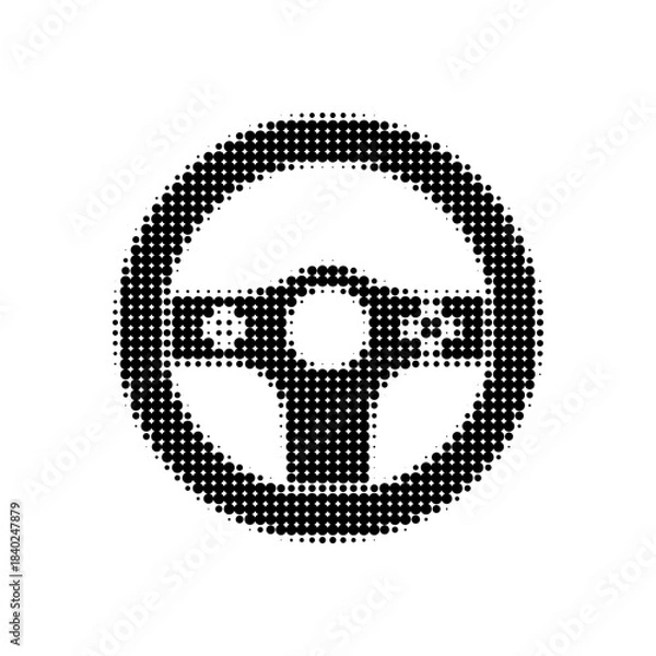 Fototapeta Halftone steering wheel icon with dotted texture, minimal black symbol for driving, automotive control and transportation interface design.