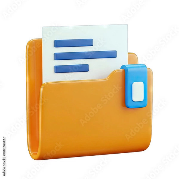 Fototapeta Orange Folder Icon With Blue Clip Holding White Document With Blue Lines And Text Representing Data Organization And Information Storage On Transparent Background