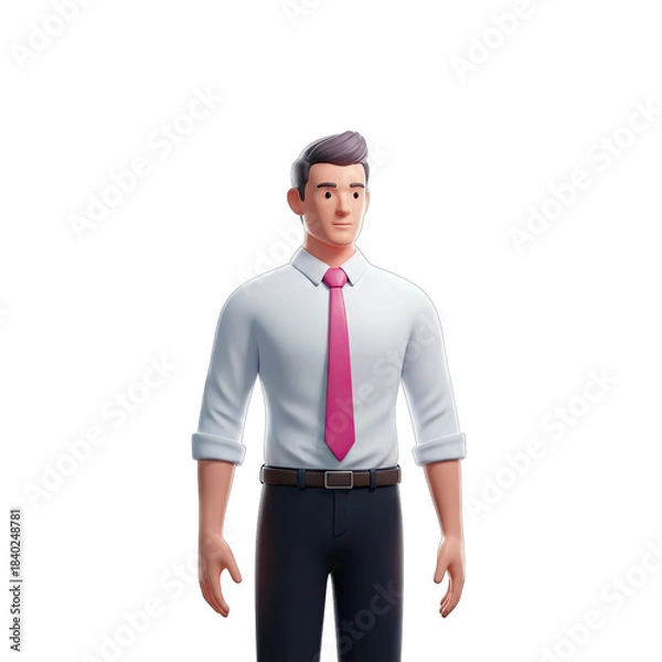 Fototapeta Professional Cartoon Man In White Shirt And Pink Tie Standing With Dark Pants On Transparent Background With Soft Studio Lighting High Quality 3D Render
