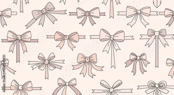 Fototapeta Elegant seamless pattern featuring an assortment of hand-drawn bows and ribbons in soft pastel shades on a light background, perfect for decorative designs.
