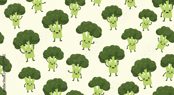 Fototapeta Cute and happy green broccoli characters in a fun, cheerful seamless pattern, perfect for healthy food themes and kid-friendly designs.