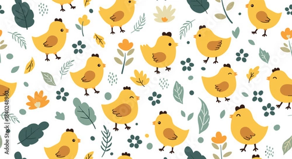 Fototapeta Playful seamless pattern featuring cute cartoon yellow chicks, delicate green leaves, and charming orange flowers on a white backdrop.