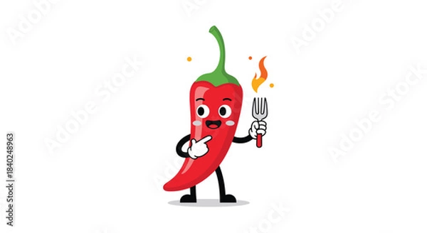Fototapeta Cute cartoon red chili pepper character with a happy face, pointing, and holding a flaming fork, symbolizing spiciness.